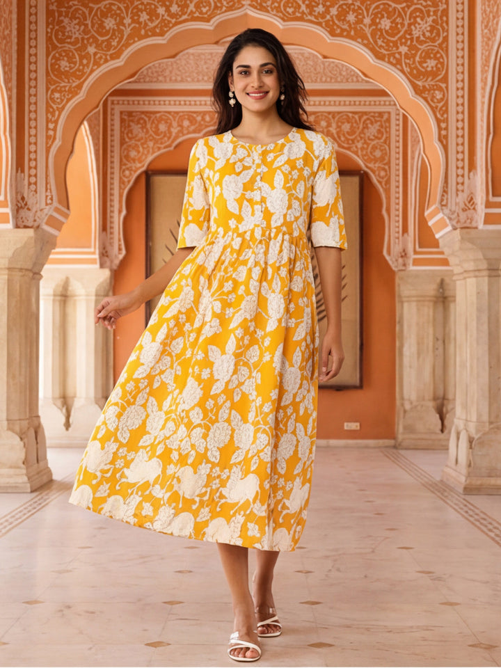 Floral Printed A-Line Panelled Ethnic Dress