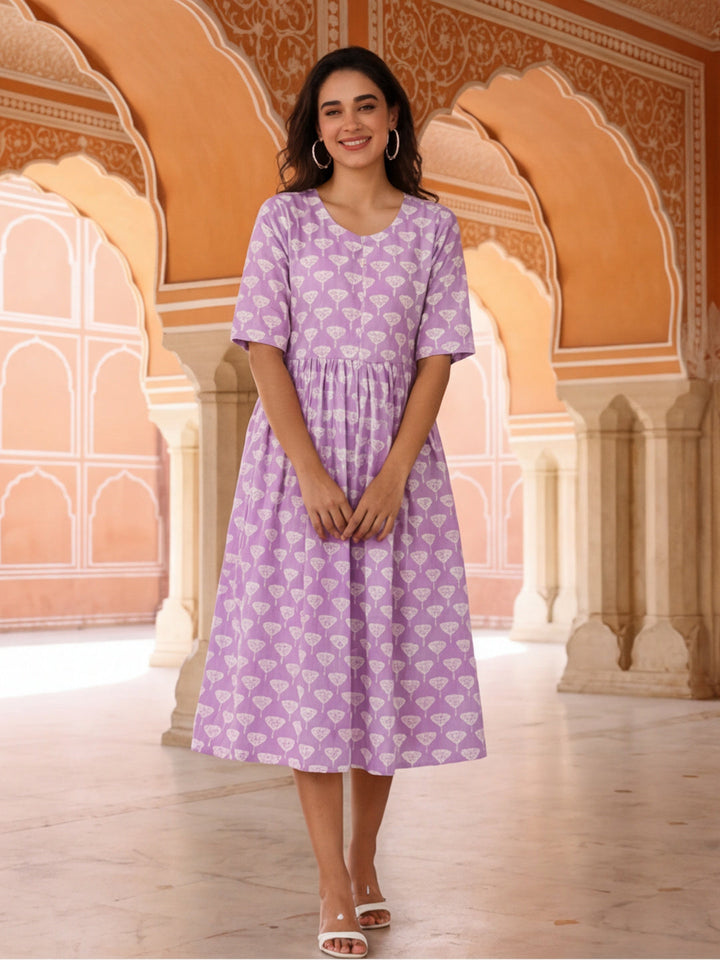Floral Printed A-Line Panelled Ethnic Dress