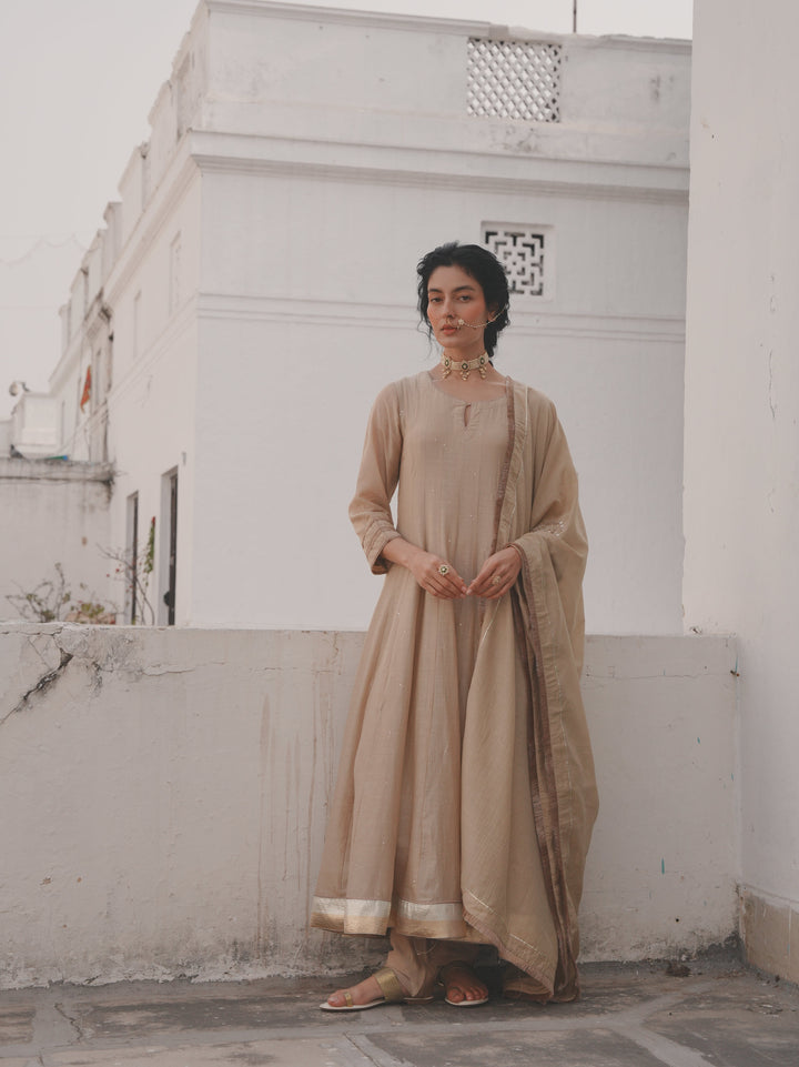 BEIGE MUL CHANDERI ANARKALI SET