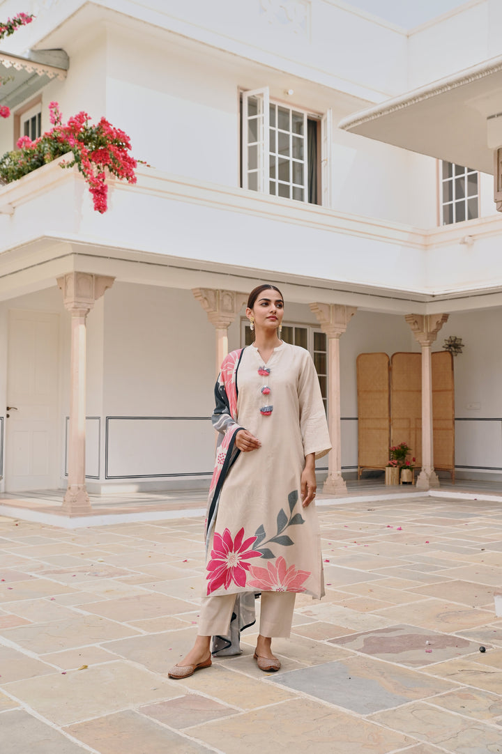 BEIGE HANDLOOM COTTON PRINTED KURTA SET