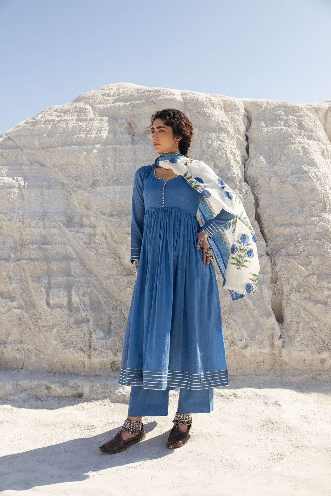 MUL COTTON BLUE ANARKALI  SET