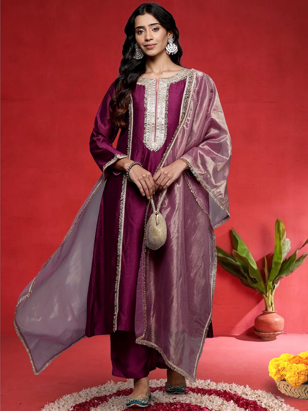 zeyvelle Women Wine Zari Lace Embellished Anarkali Kurta With Trousers And Tissue Dupatta.
