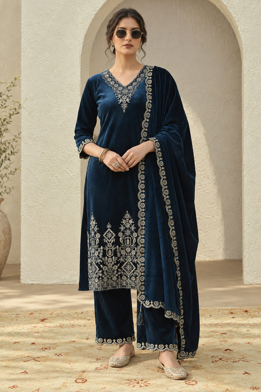 Teal Blue Zari Embroidered Kurta 3 Pcs Set
