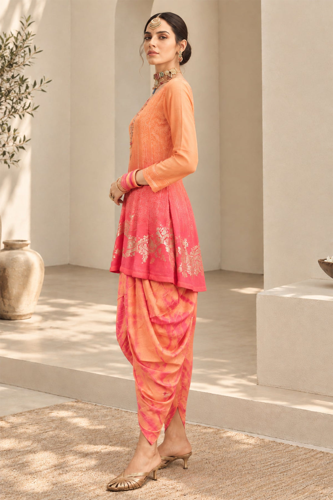 Peach Printed A Line Kurta 3 Pcs Set