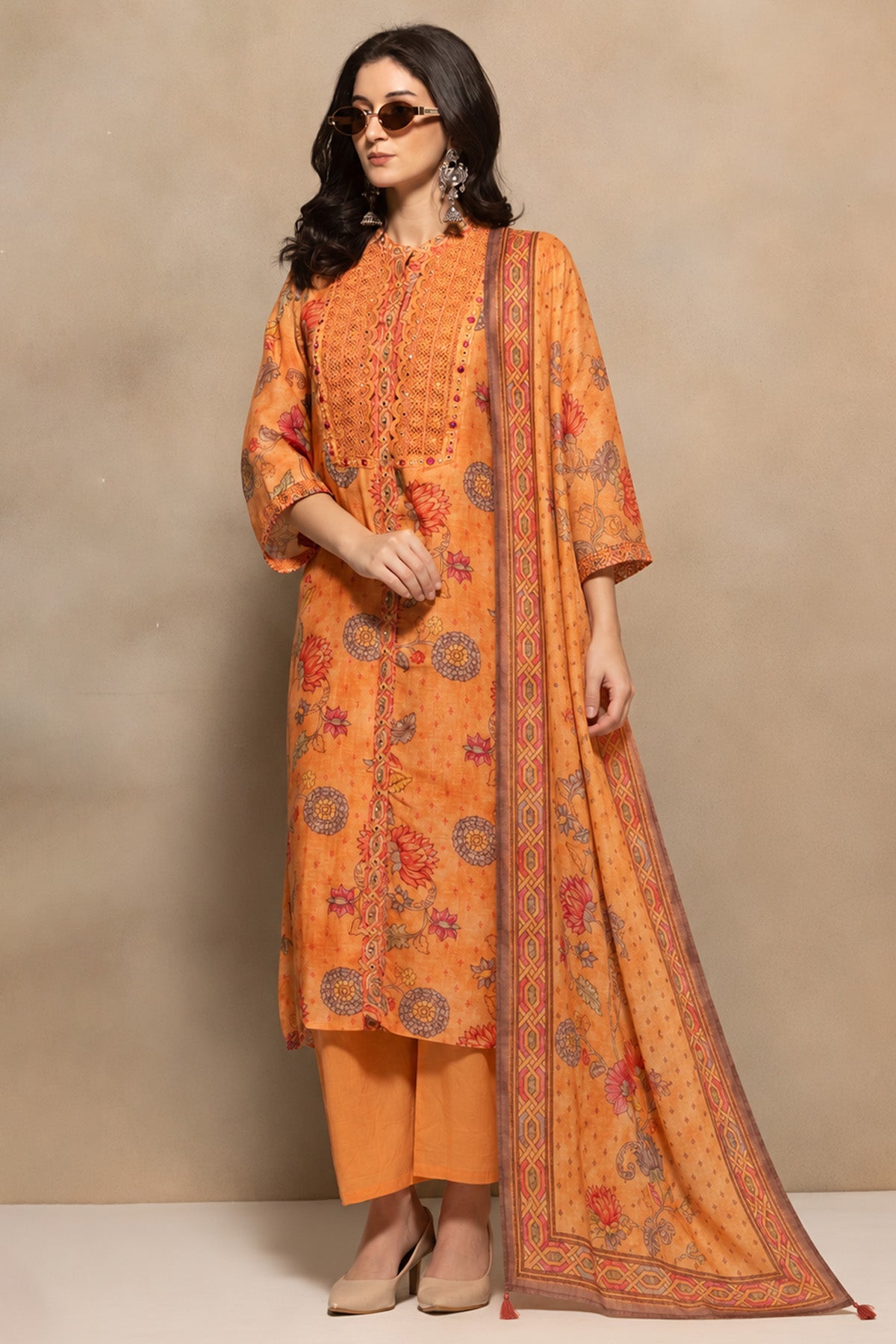 Orange Embellished Kurta 3 Pcs Set