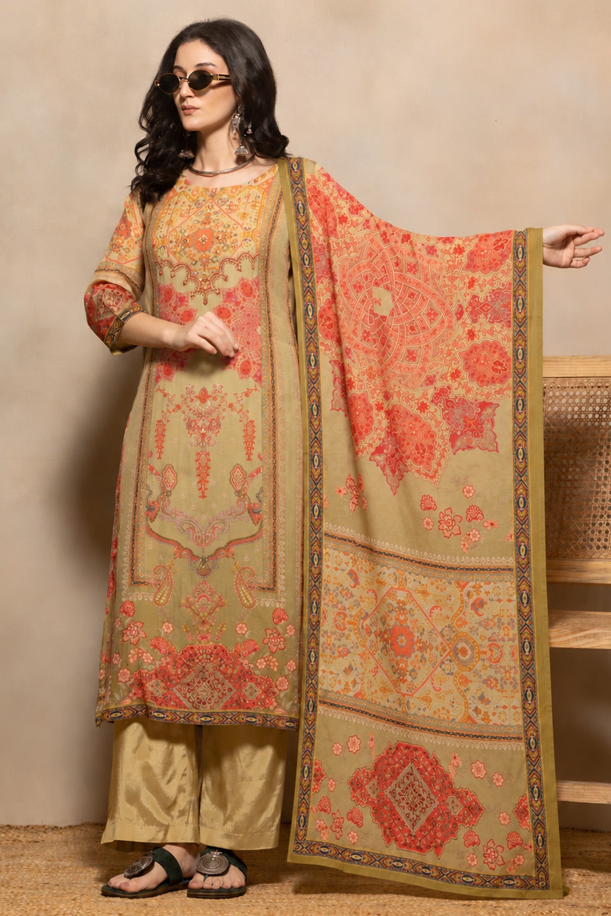 Pista Green Printed Kurta 3 Pcs Set