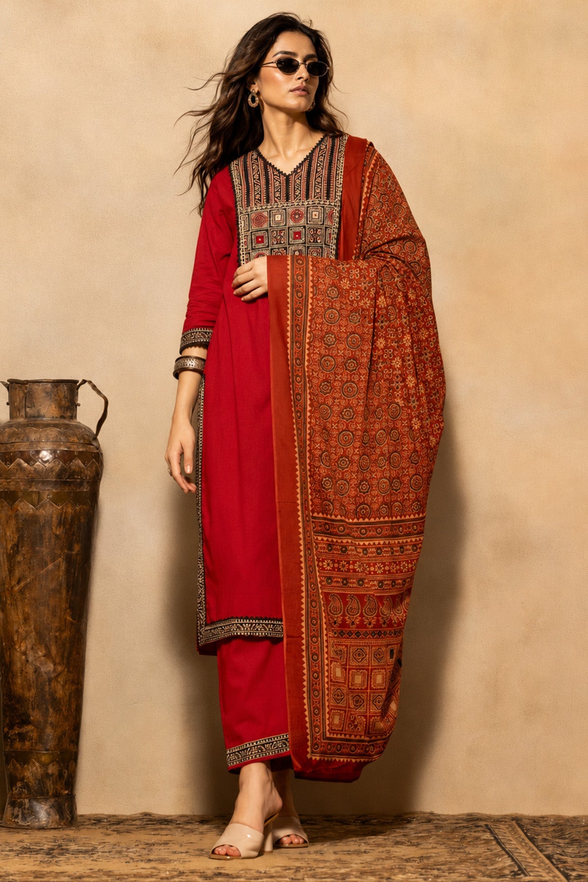 Rust Block Printed Kurta 3 Pcs Set