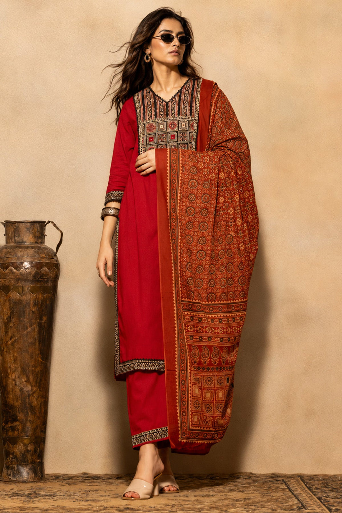 Rust Block Printed Kurta 3 Pcs Set