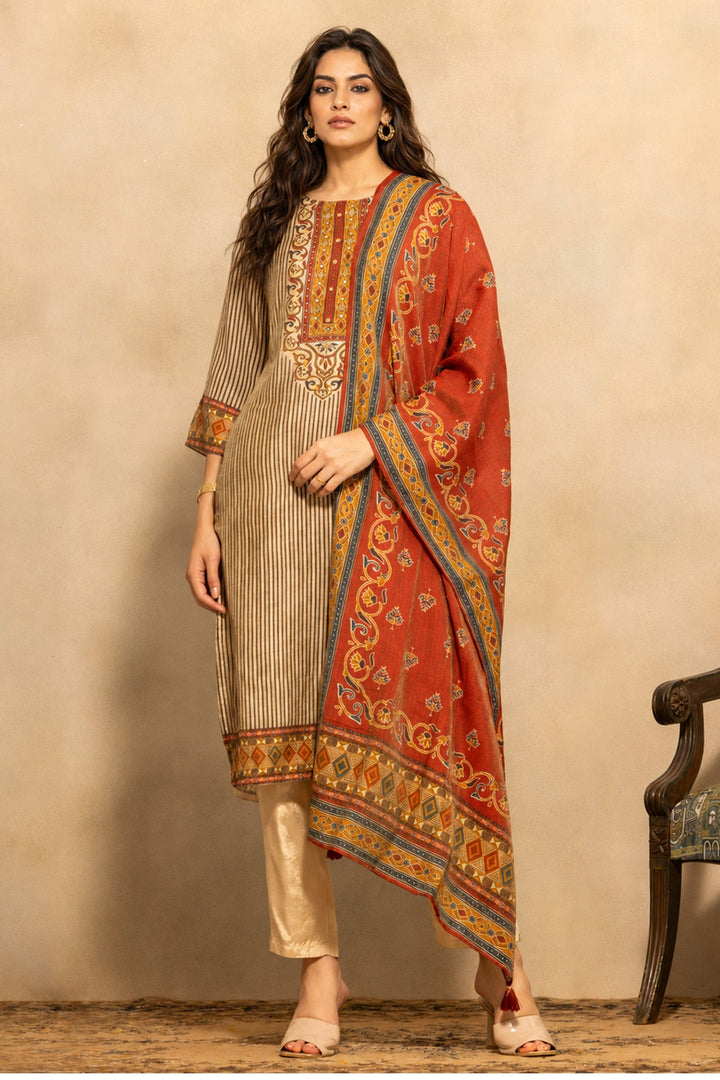 Beige Printed Kurta 3 Pcs Set
