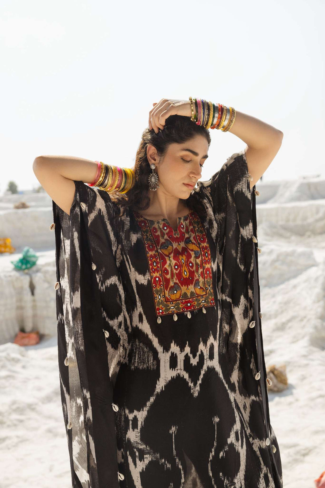 IKAT PRINT EMBROIDERED PURE SILK KAFTAN WITH PANT SET