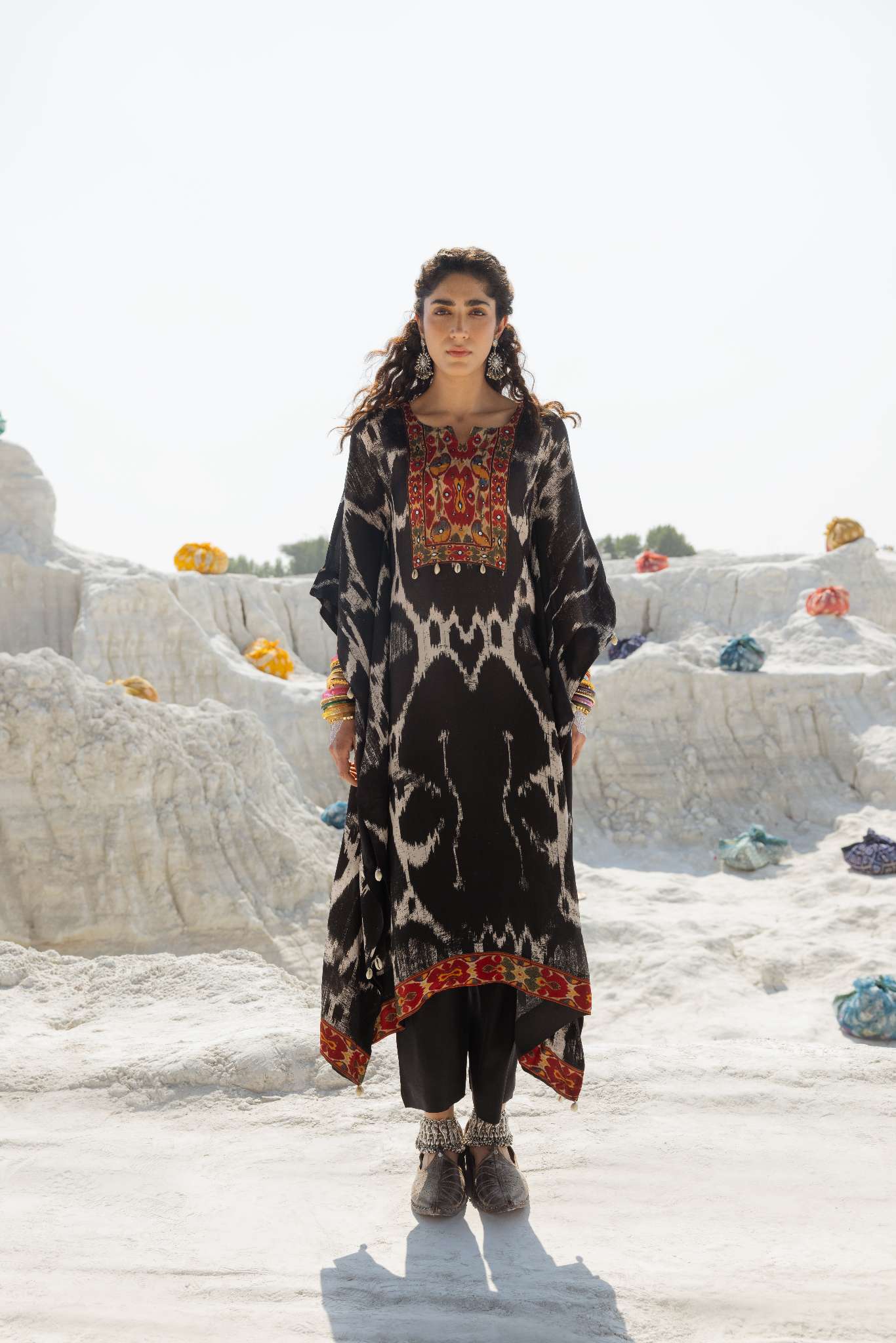 IKAT PRINT EMBROIDERED PURE SILK KAFTAN WITH PANT SET