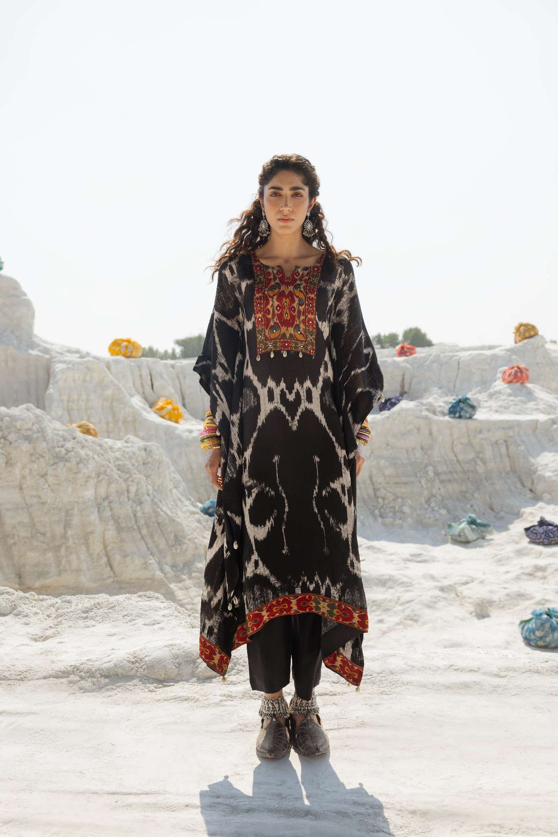 IKAT PRINT EMBROIDERED PURE SILK KAFTAN WITH PANT SET