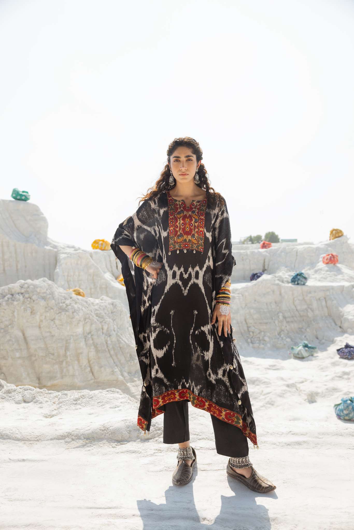 IKAT PRINT EMBROIDERED PURE SILK KAFTAN WITH PANT SET