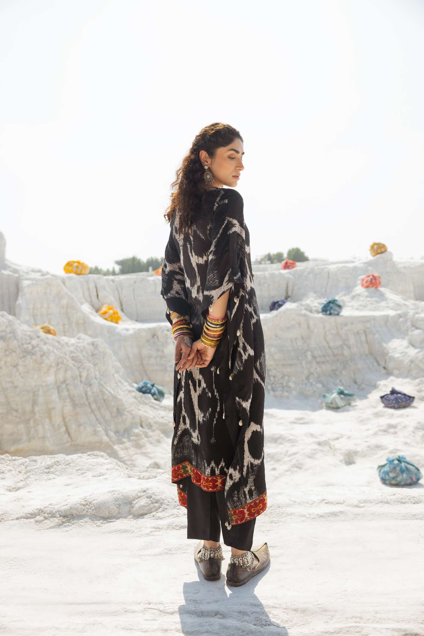 IKAT PRINT EMBROIDERED PURE SILK KAFTAN WITH PANT SET