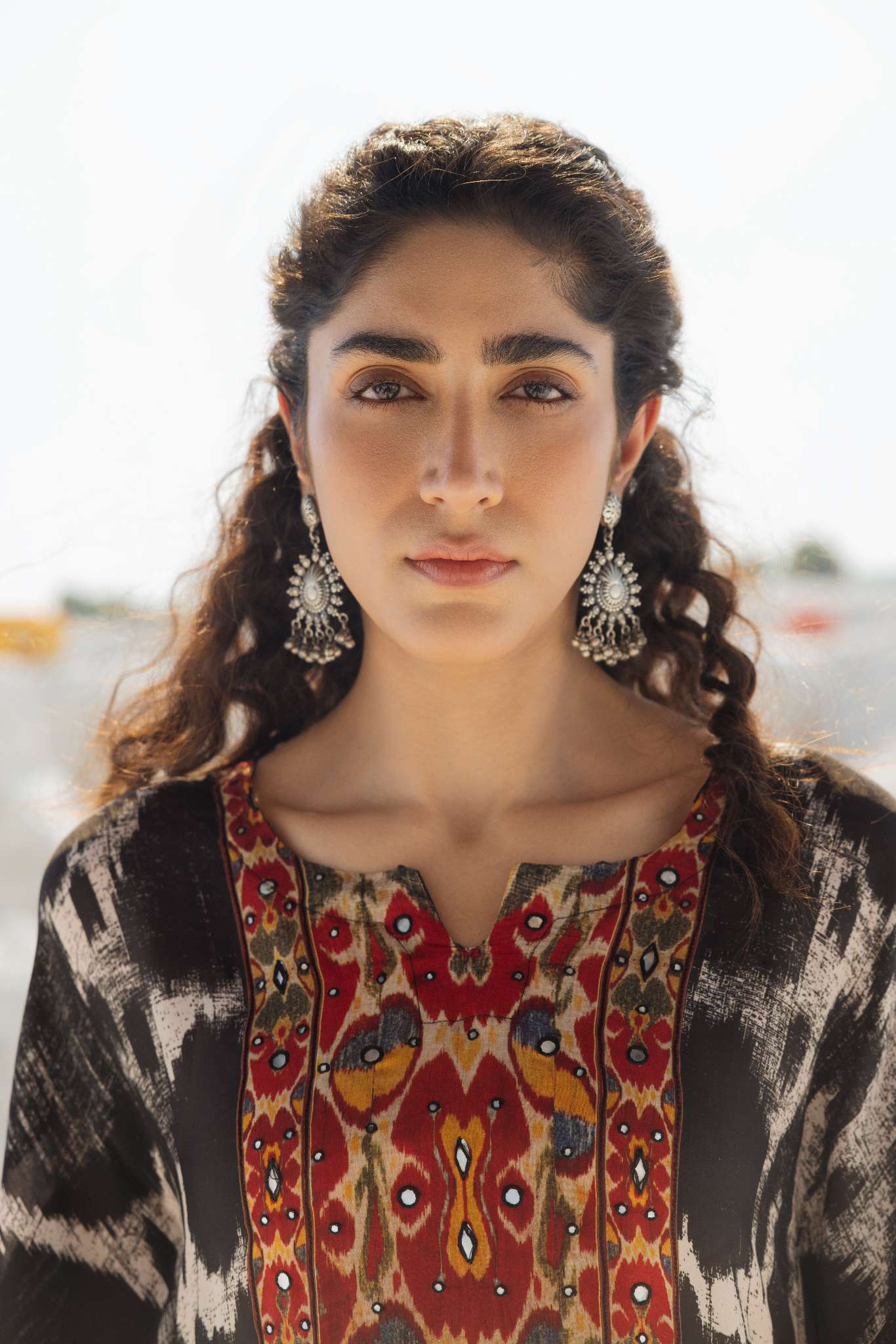 IKAT PRINT EMBROIDERED PURE SILK KAFTAN WITH PANT SET