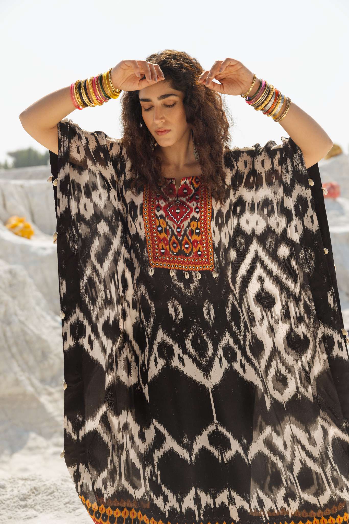 EMBROIDERED IKAT KAFTAN WITH PANT