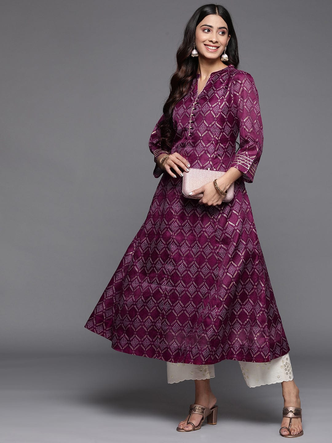 zeyvelle Women Purple Bandhani Printed Anarkali Kurta