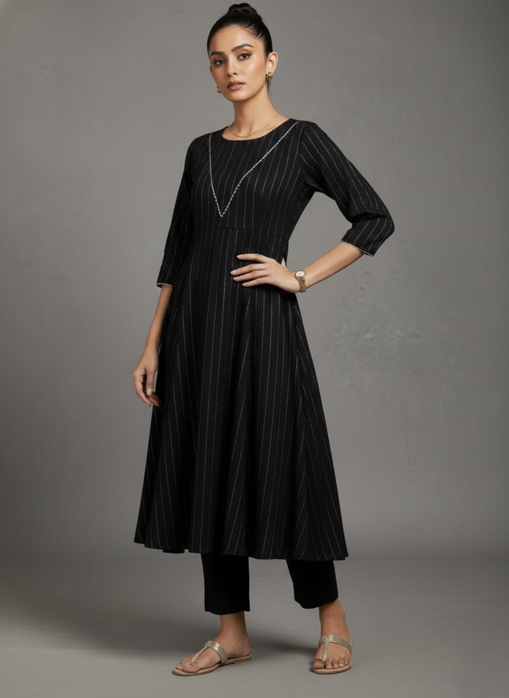 zeyvelle Women Black Lurex Crepe Anarkali Kurta With Trousers.