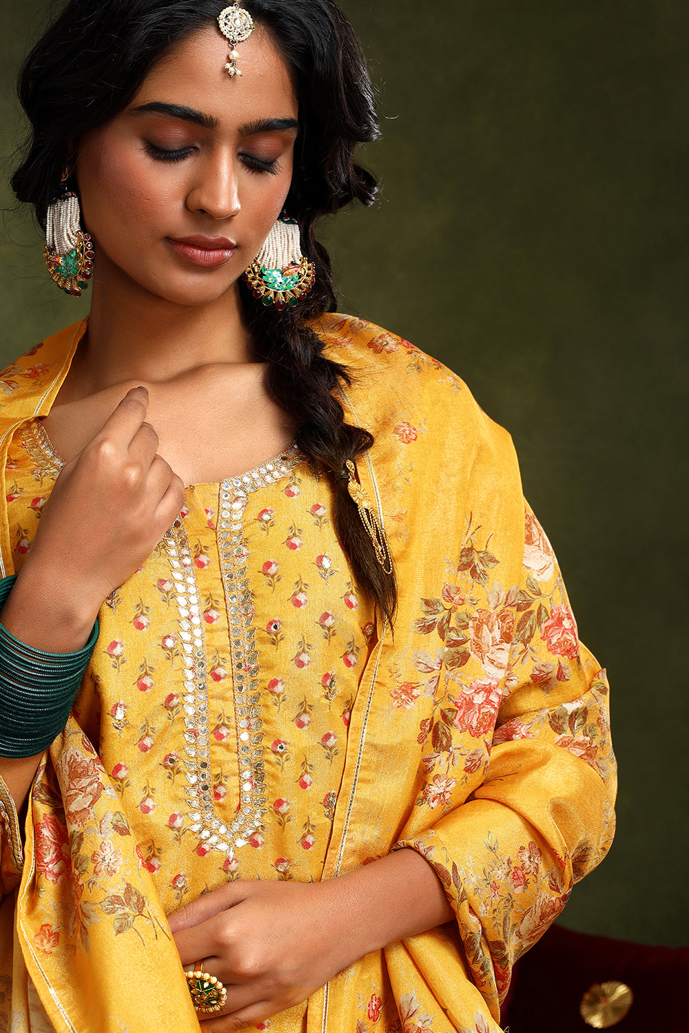 YELLOW FLORAL PRINTED SHIMMER CHANDERI KURTA SET