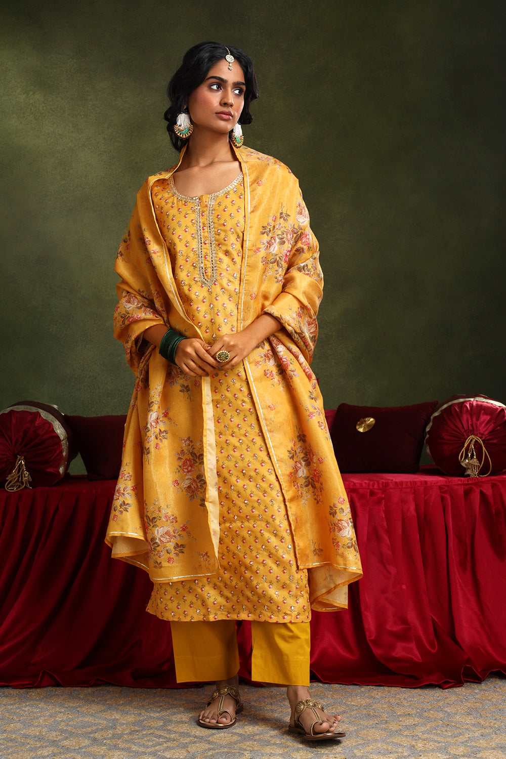 YELLOW FLORAL PRINTED SHIMMER CHANDERI KURTA SET