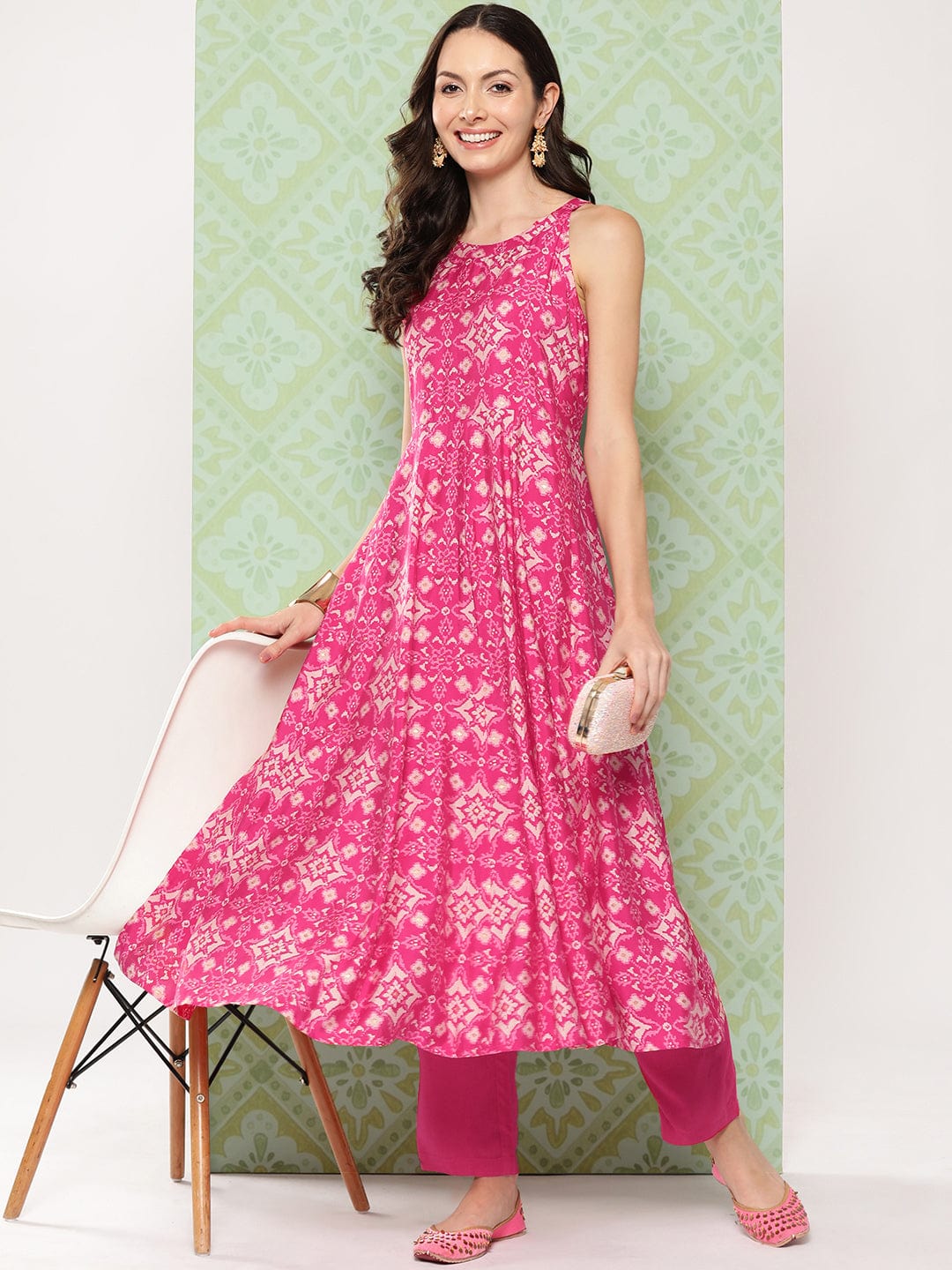 zeyvelle Women Pink Patola Printed Anarkali Kurta Paired With Solid Bottom