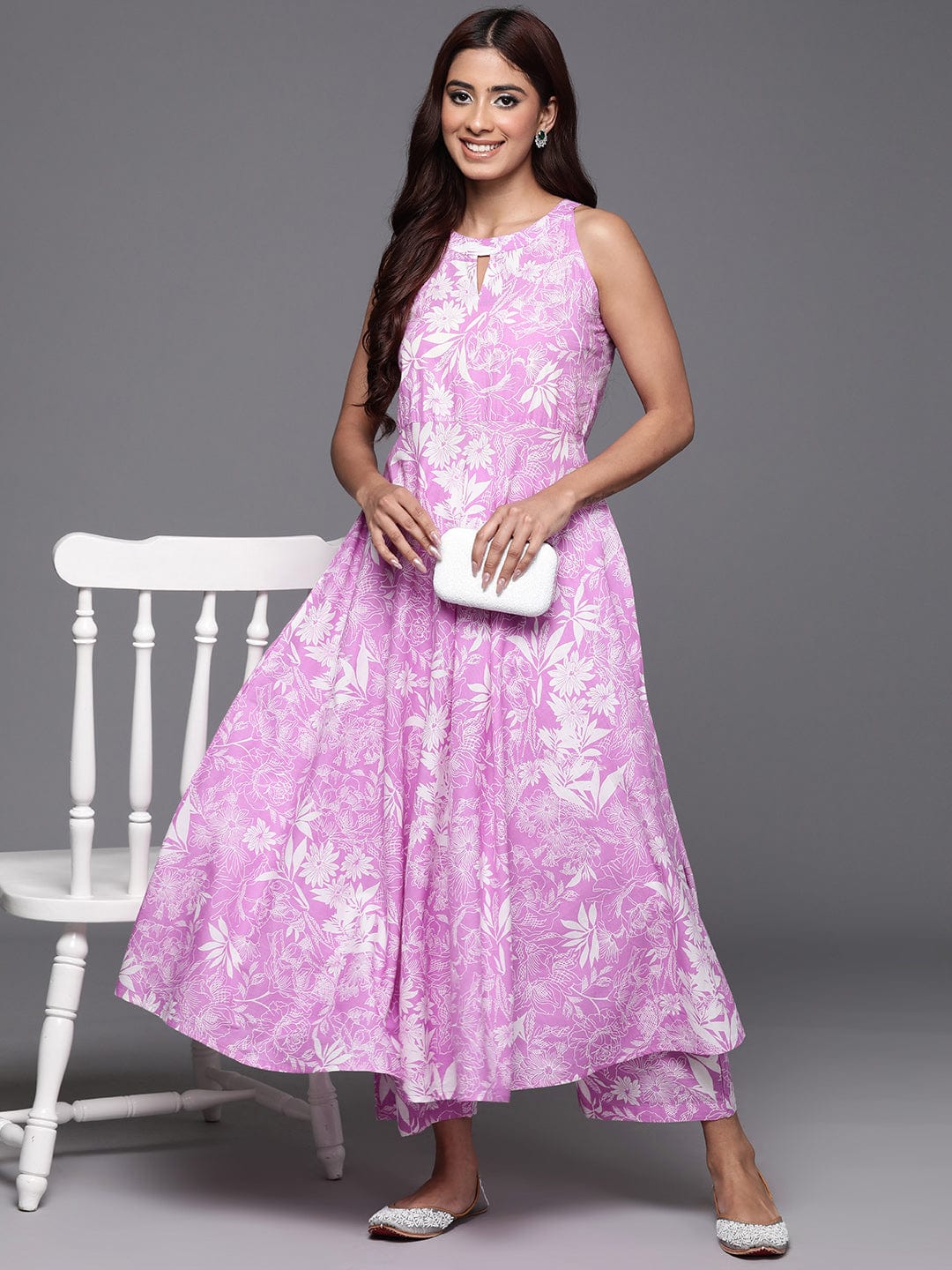zeyvelle Women Lavender Floral Printed Halter Neck Anarkali Kurta With Bottom