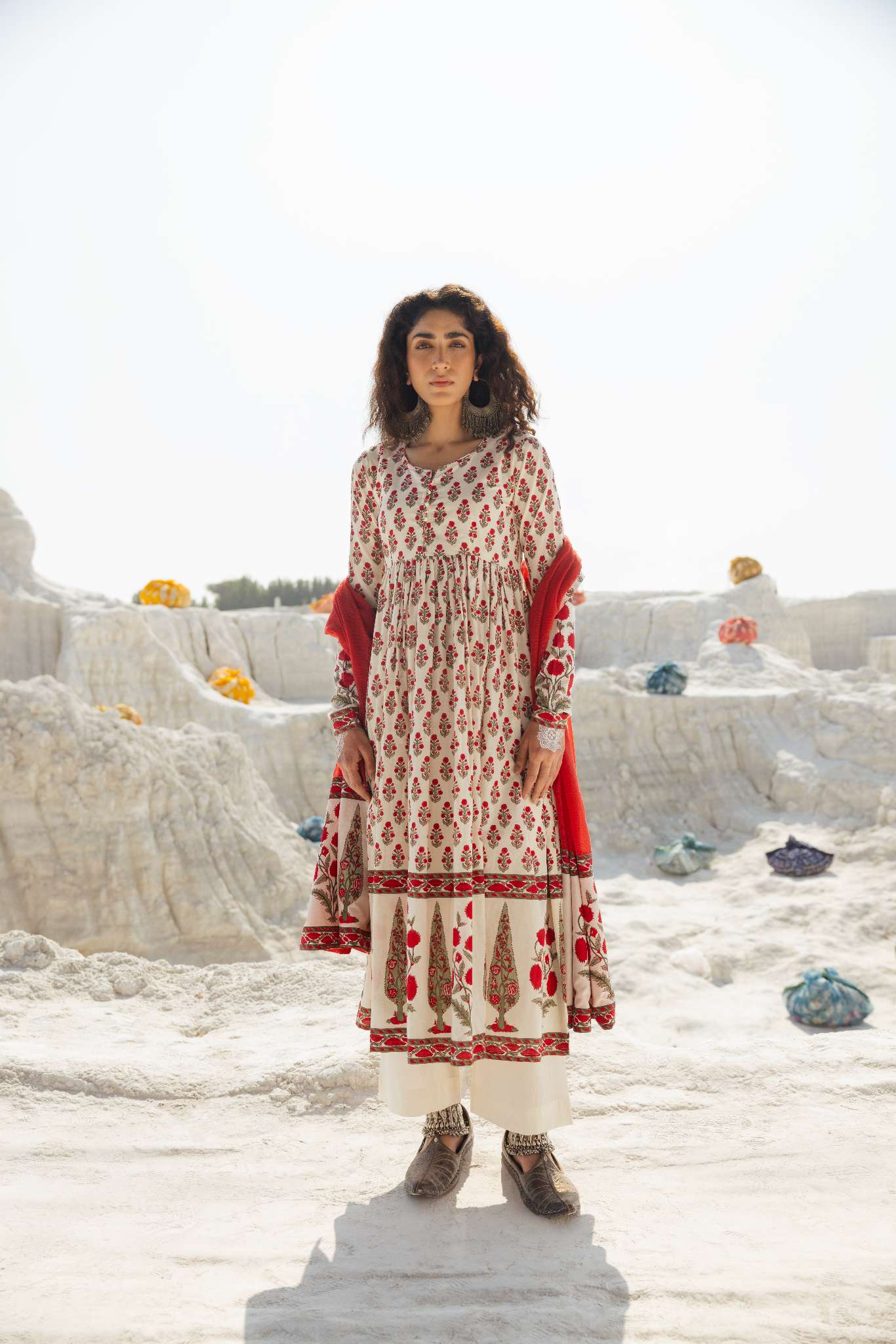 RED HAND BLOCK PRINT COTTON ANARKALI SET