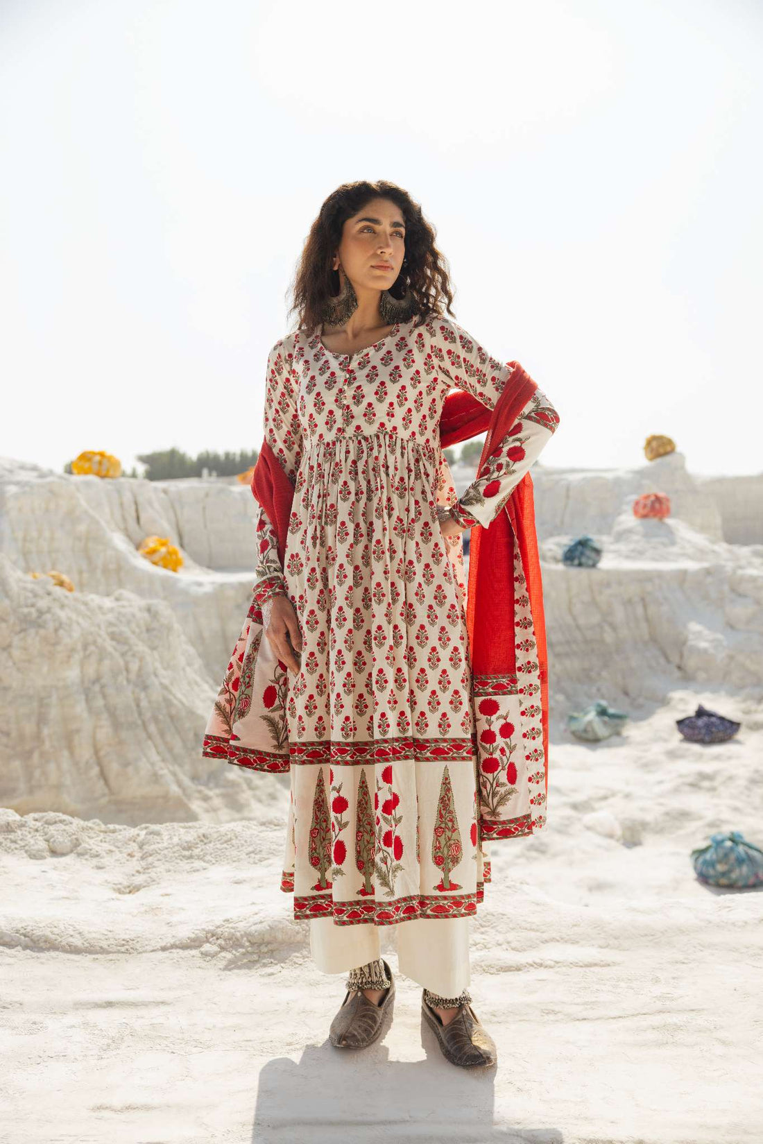 RED HAND BLOCK PRINT COTTON ANARKALI SET