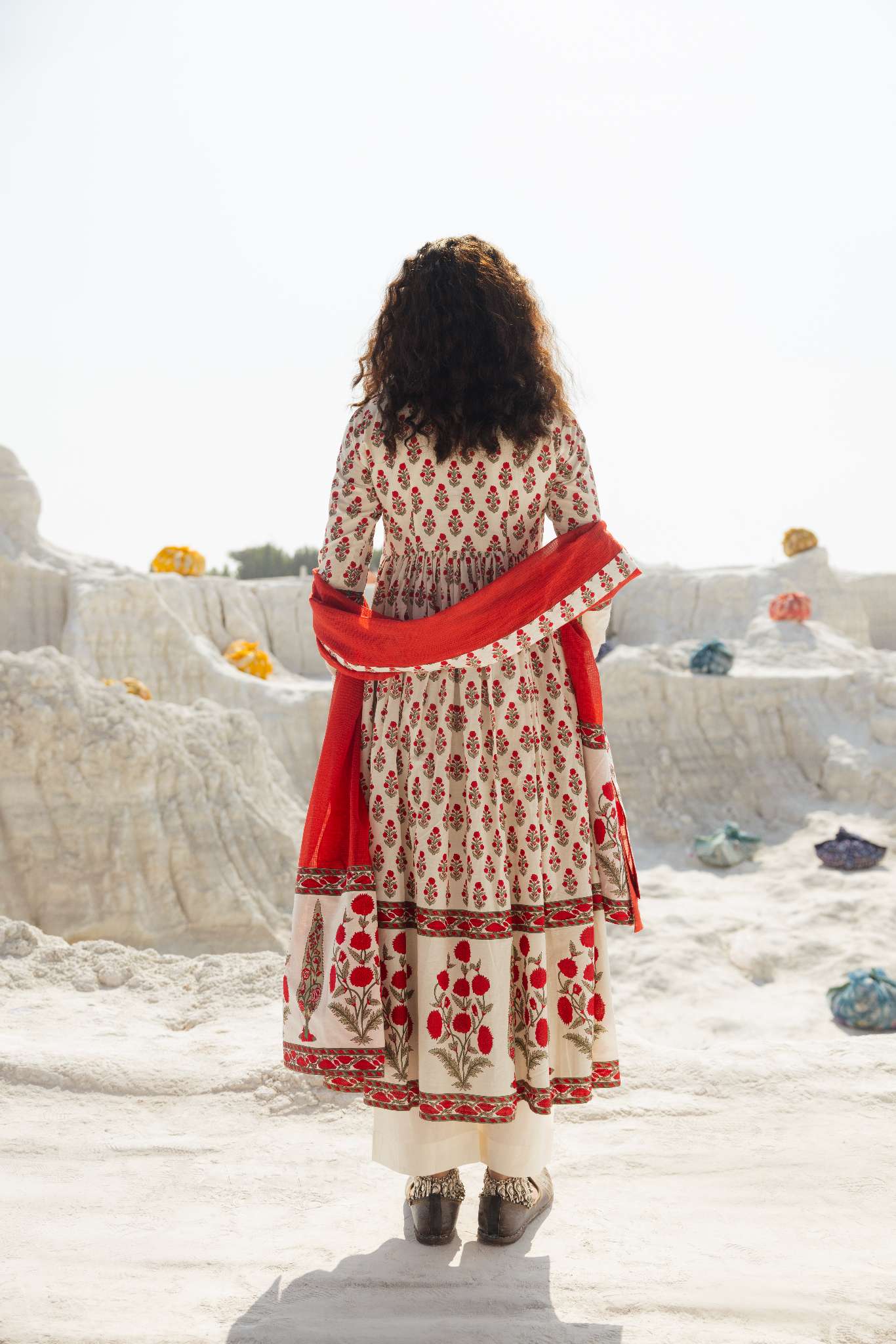 RED HAND BLOCK PRINT COTTON ANARKALI SET