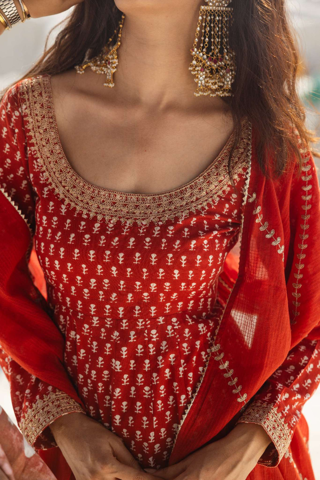 BRICK RED BLOCK PRINT ANARKALI SET