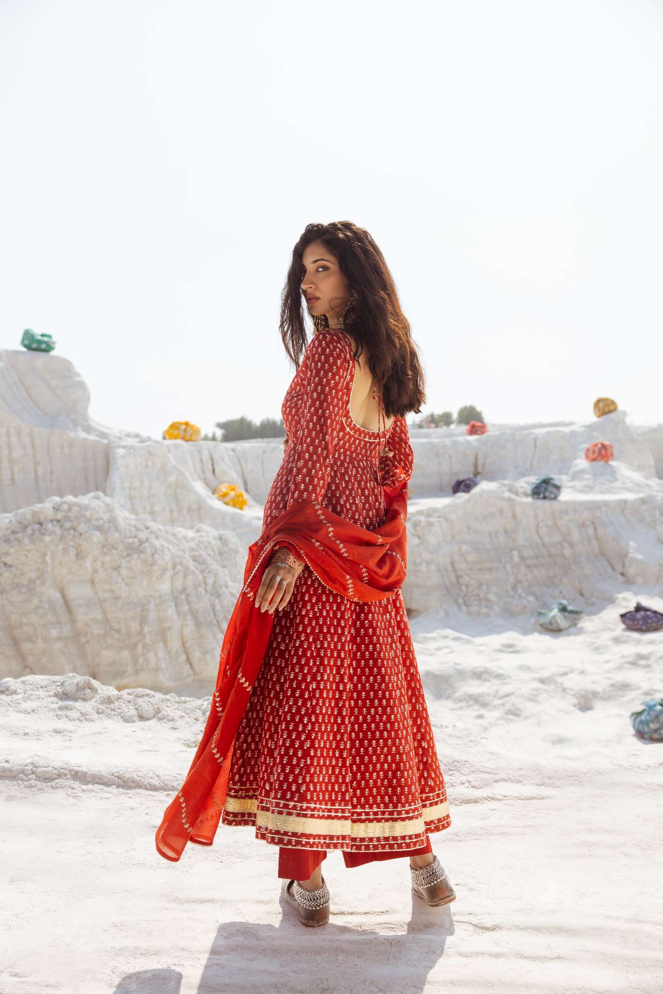 BRICK RED BLOCK PRINT ANARKALI SET