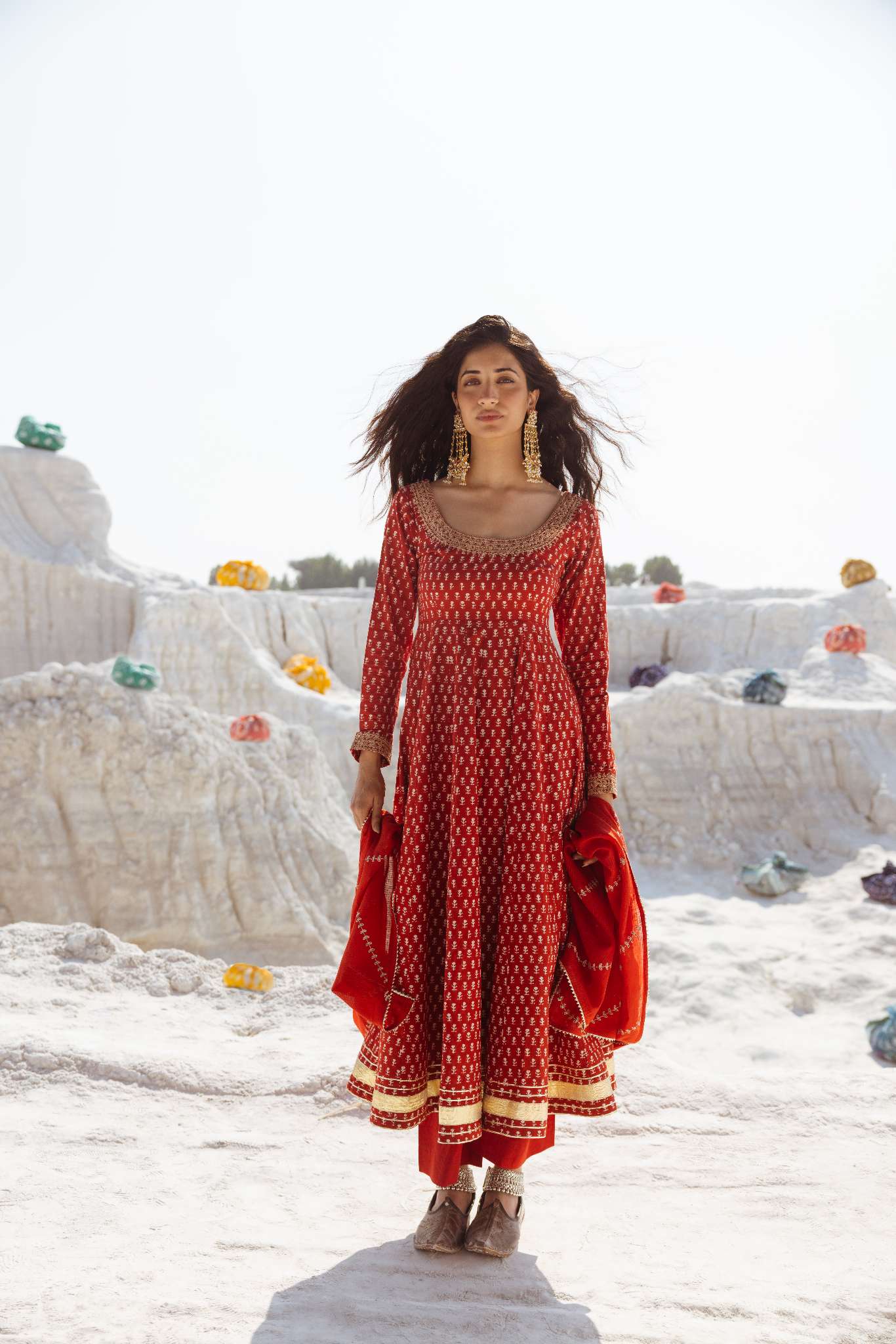 BRICK RED BLOCK PRINT ANARKALI SET