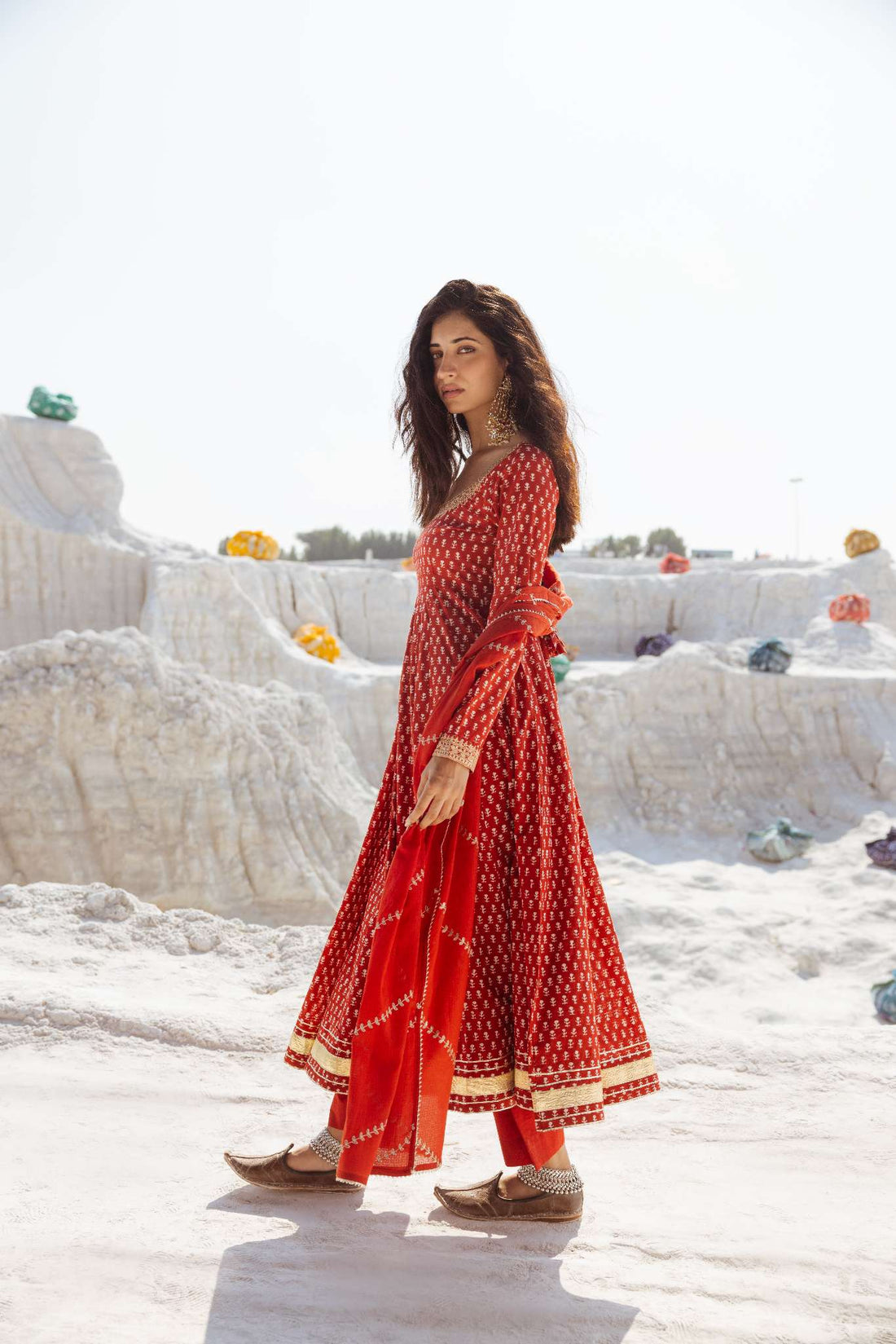 BRICK RED BLOCK PRINT ANARKALI SET