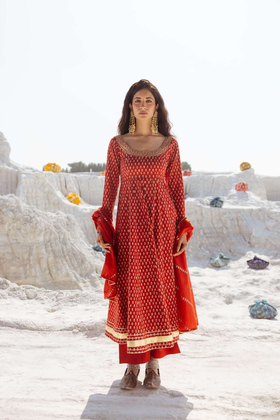 BRICK RED BLOCK PRINT ANARKALI SET