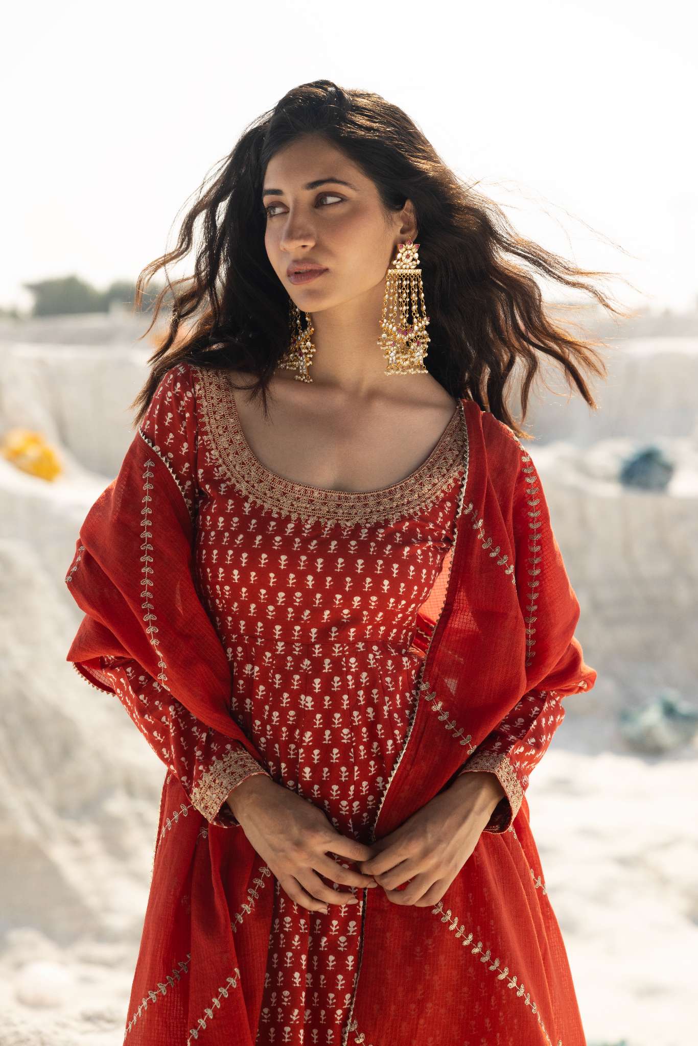 BRICK RED BLOCK PRINT ANARKALI SET