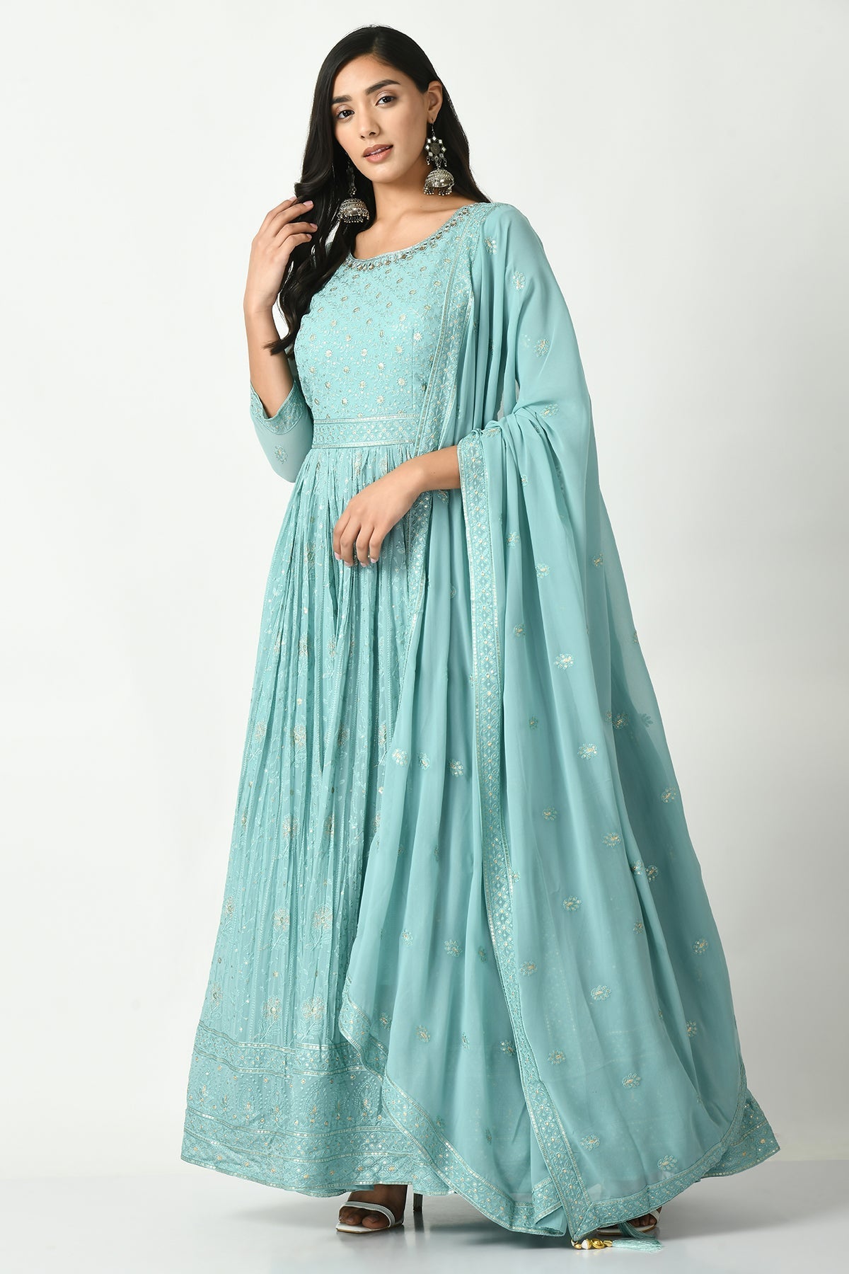 Green Embroidered Gather Dress with Dupatta
