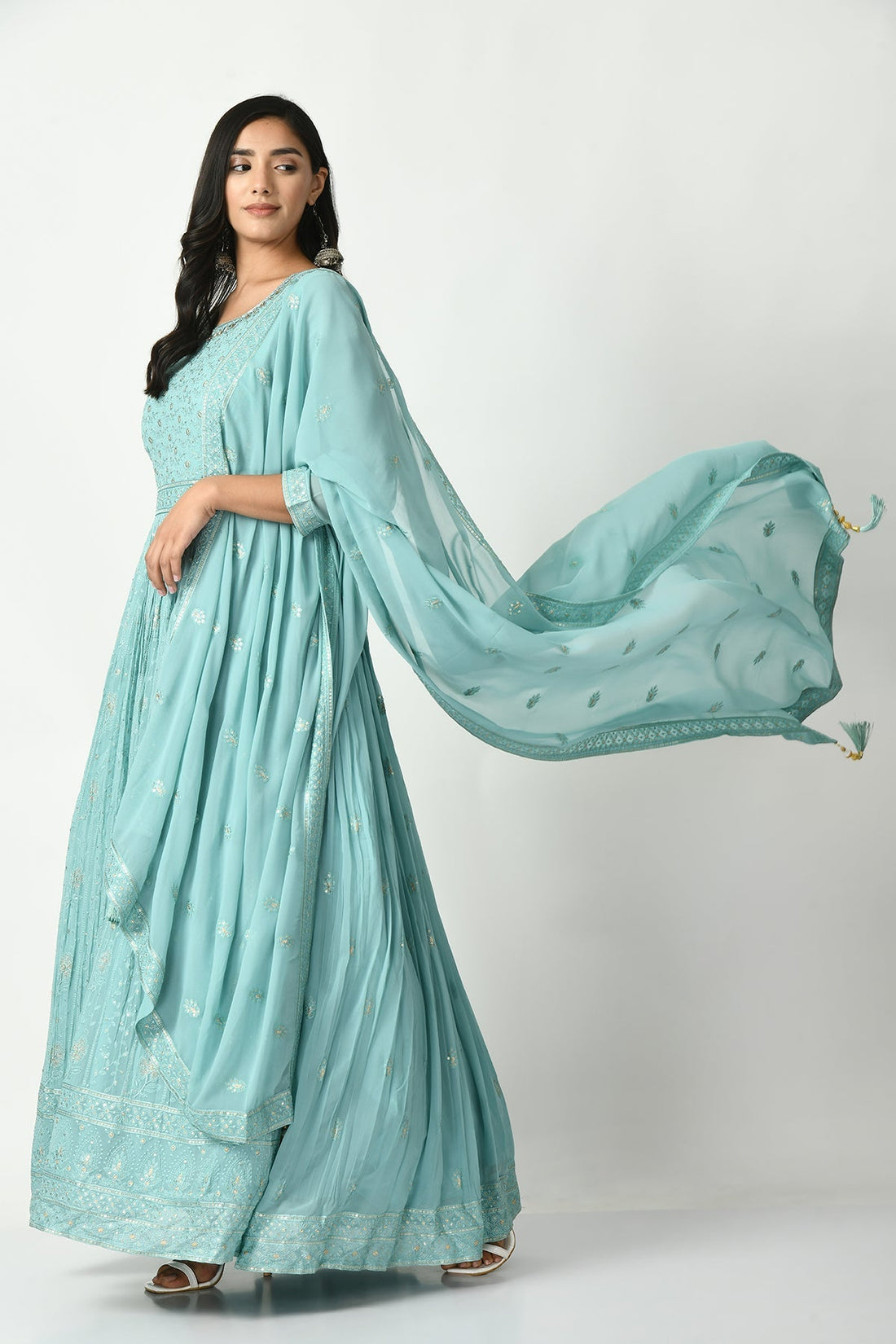 Green Embroidered Gather Dress with Dupatta