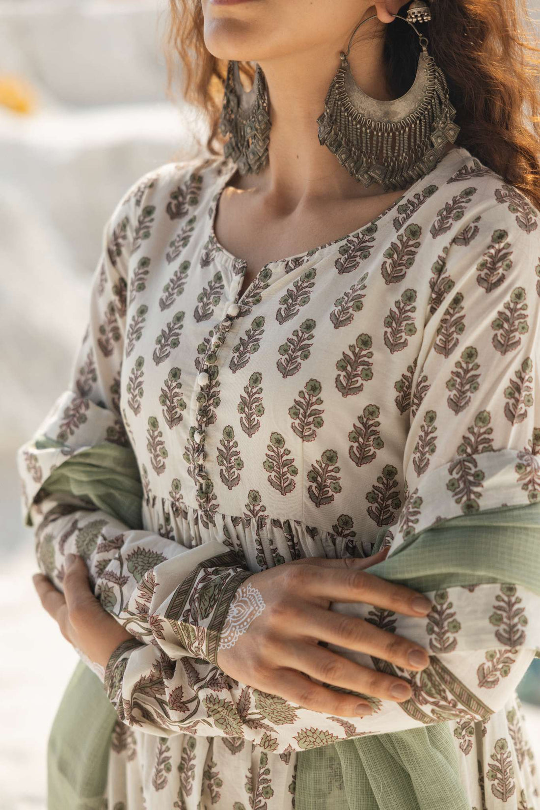 OLIVE GREEN HAND BLOCK PRINT COTTON ANARKALI SET