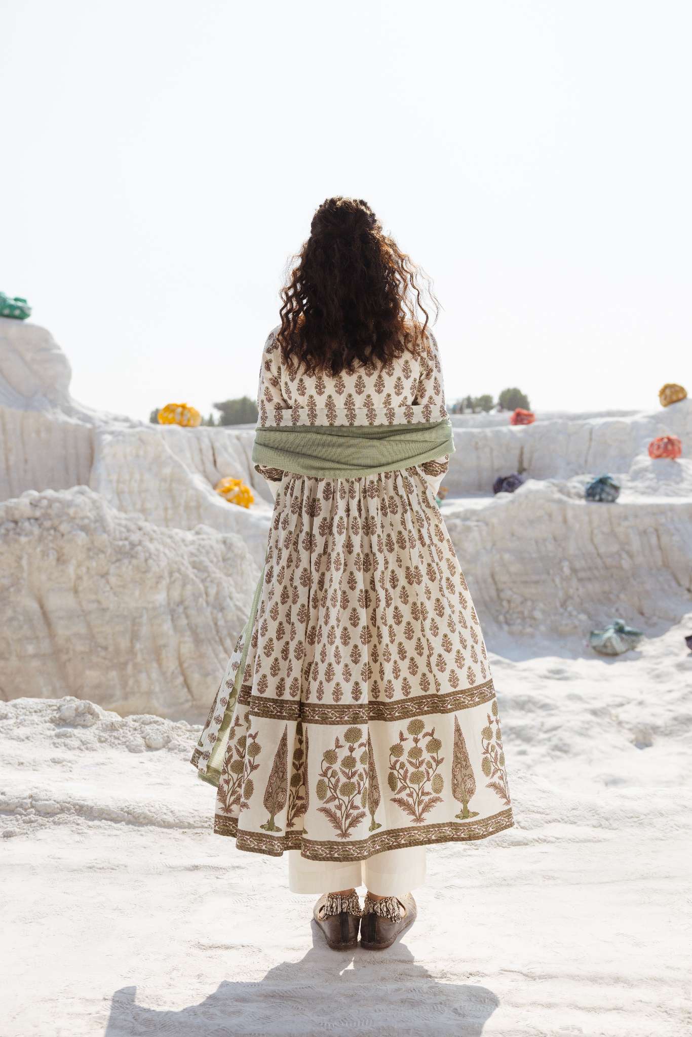 OLIVE GREEN HAND BLOCK PRINT COTTON ANARKALI SET