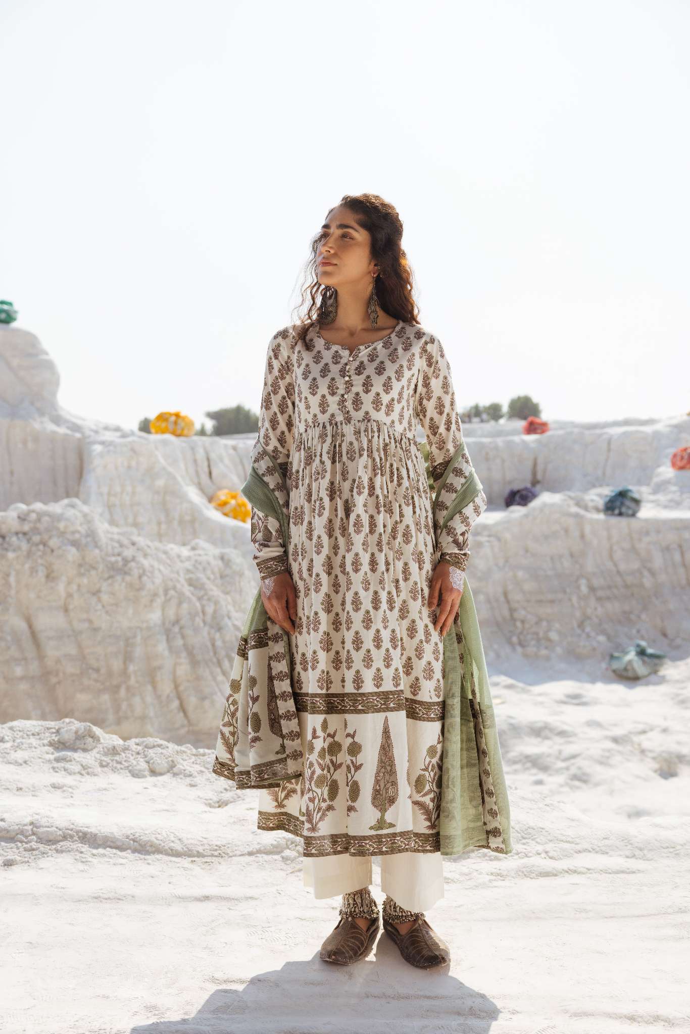 OLIVE GREEN HAND BLOCK PRINT COTTON ANARKALI SET