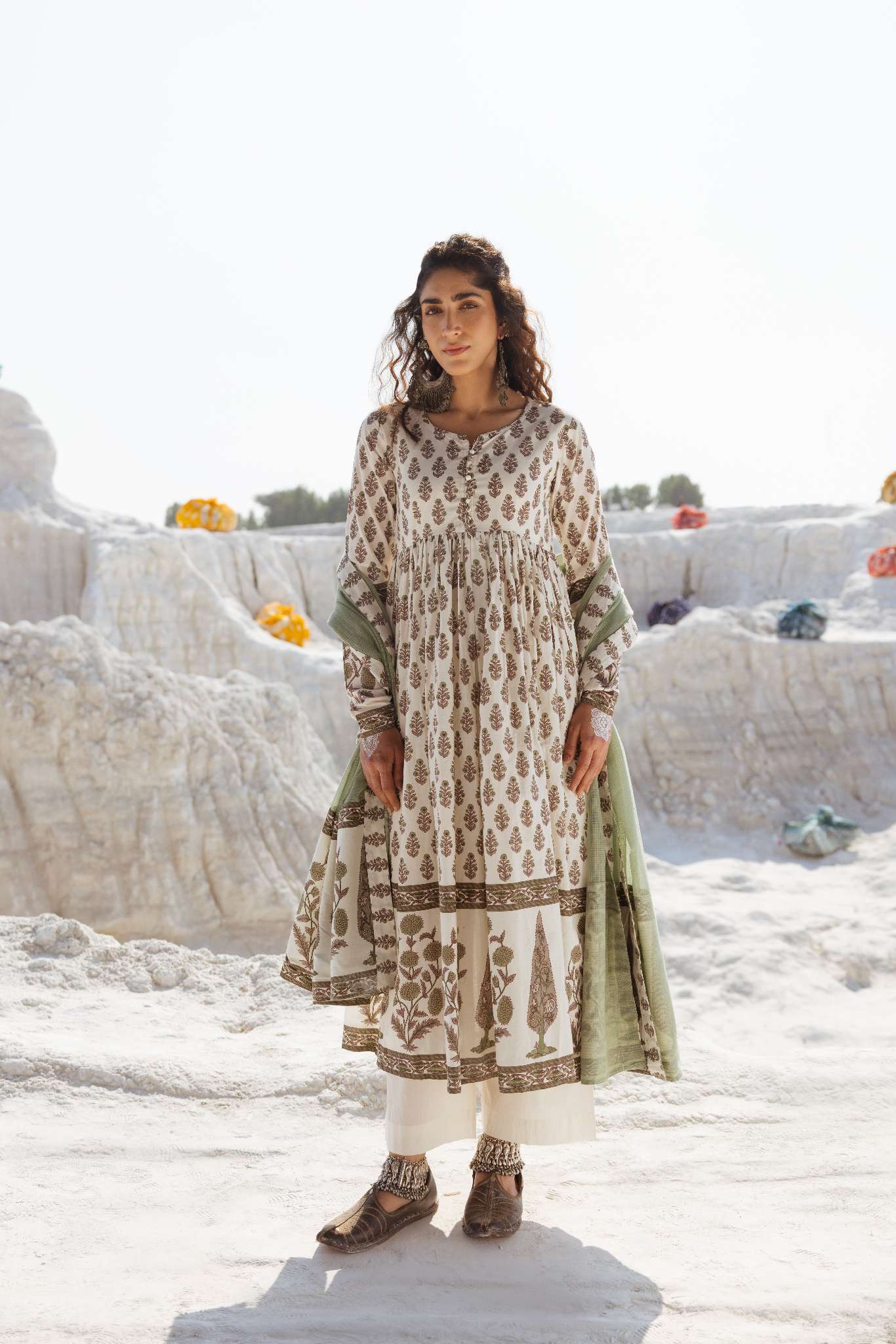 OLIVE GREEN HAND BLOCK PRINT COTTON ANARKALI SET