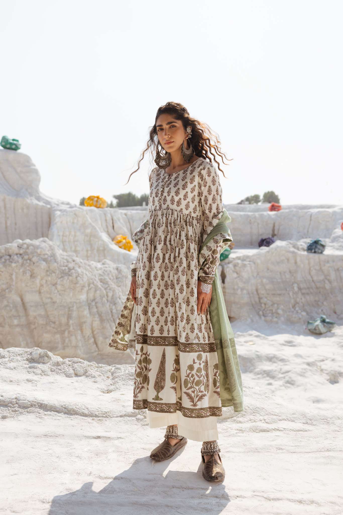 OLIVE GREEN HAND BLOCK PRINT COTTON ANARKALI SET