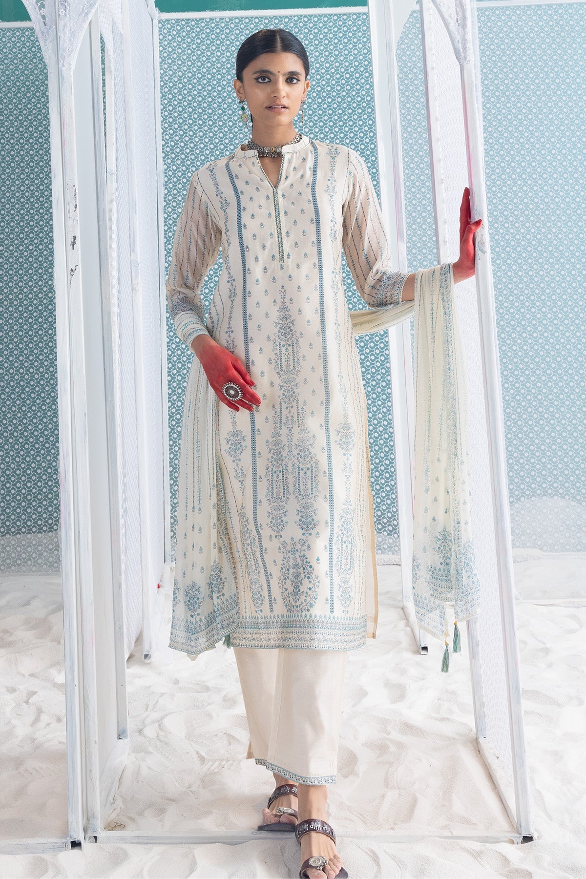Cream Printed Kurta 3 Pcs Set