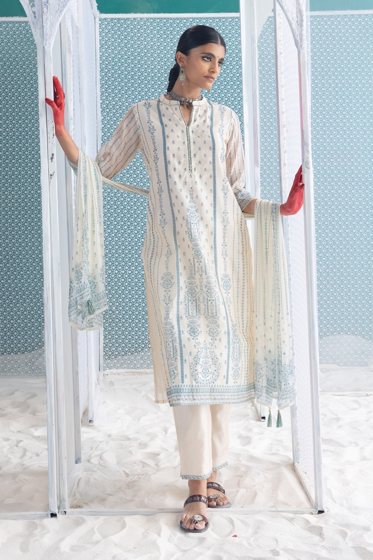 Cream Printed Kurta 3 Pcs Set