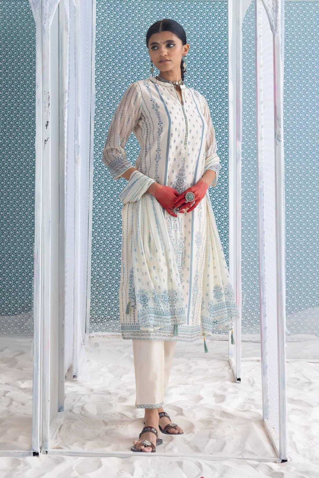 Cream Printed Kurta 3 Pcs Set