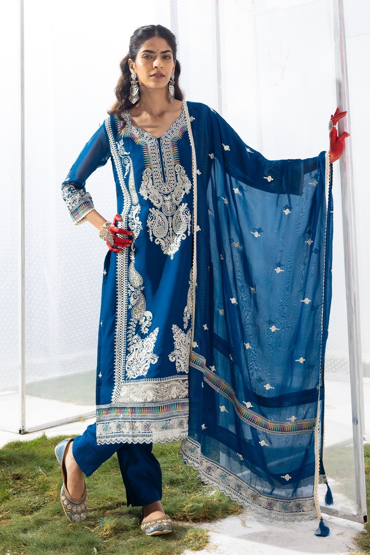 Blue Embroidered Straight Kurta 3 Pcs Set