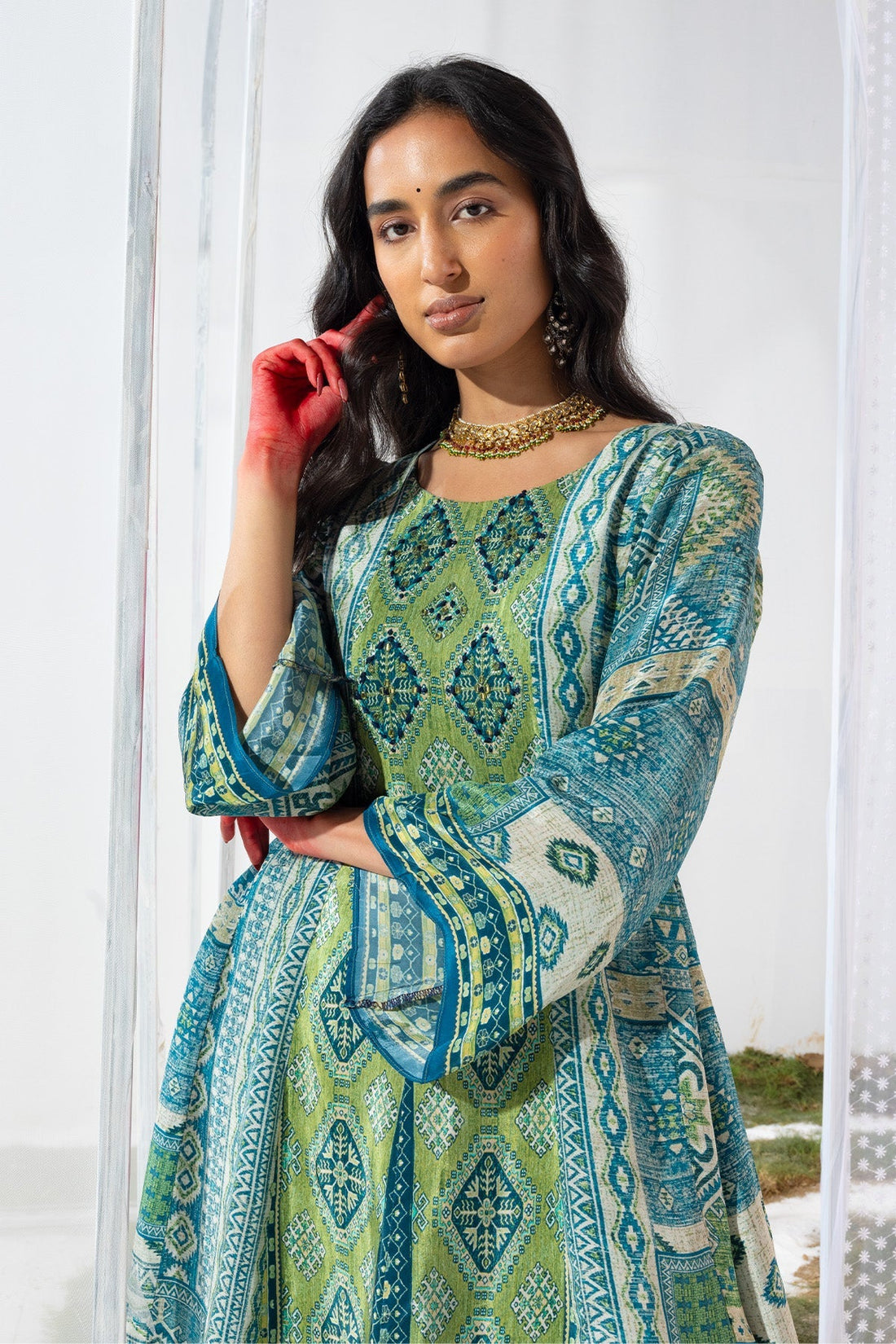 Green Embellished Flared Kurta 2 Pcs Set