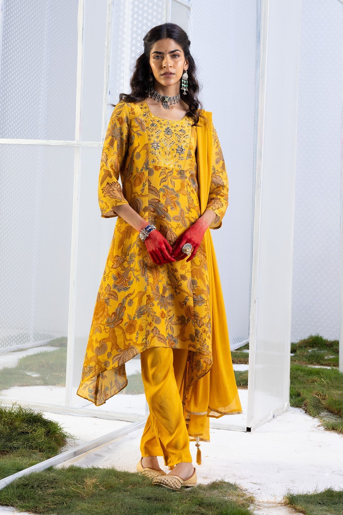 Mustard Floral Yoke-Embellished Kurta. 3 Pcs Set