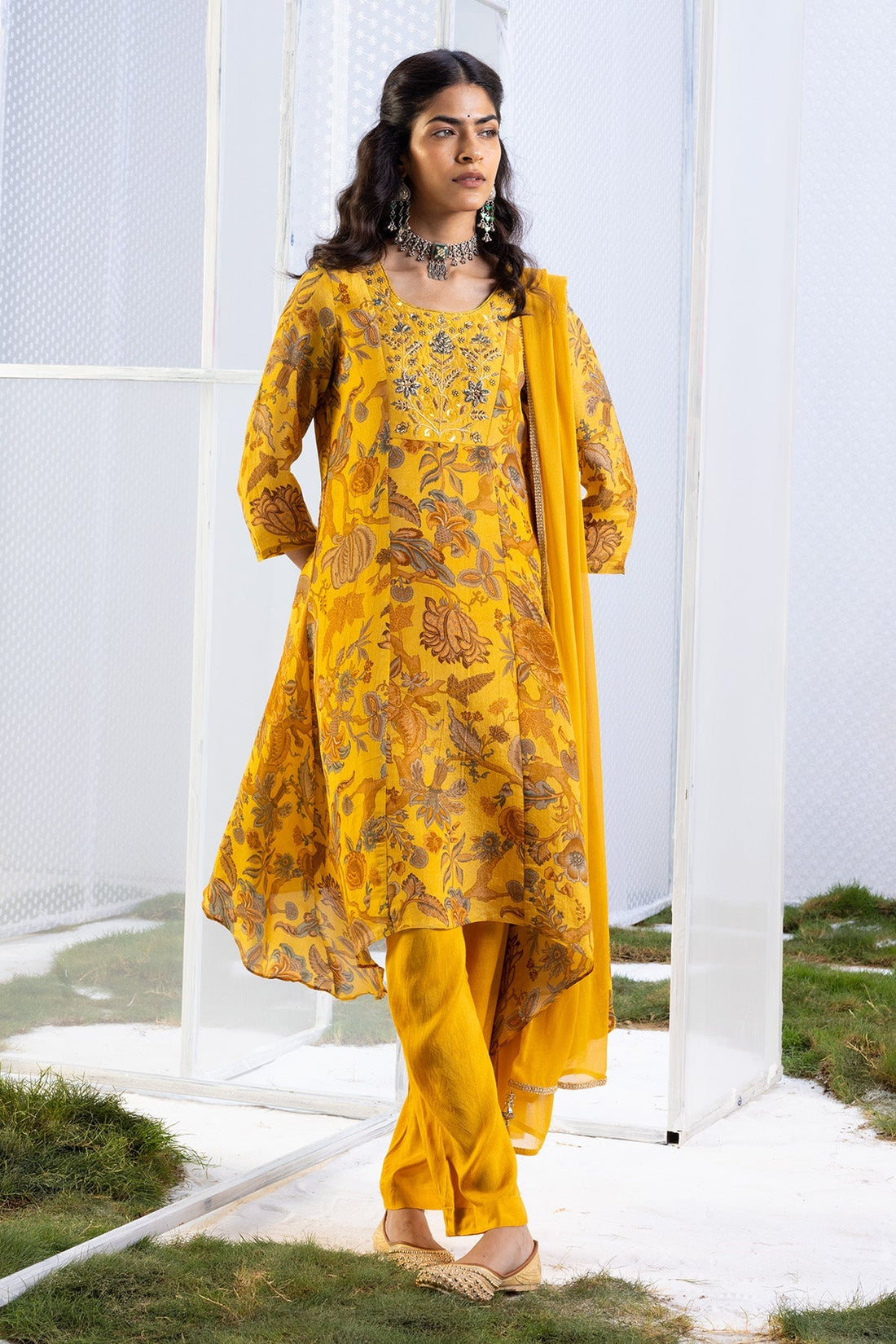 Mustard Floral Yoke-Embellished Kurta. 3 Pcs Set