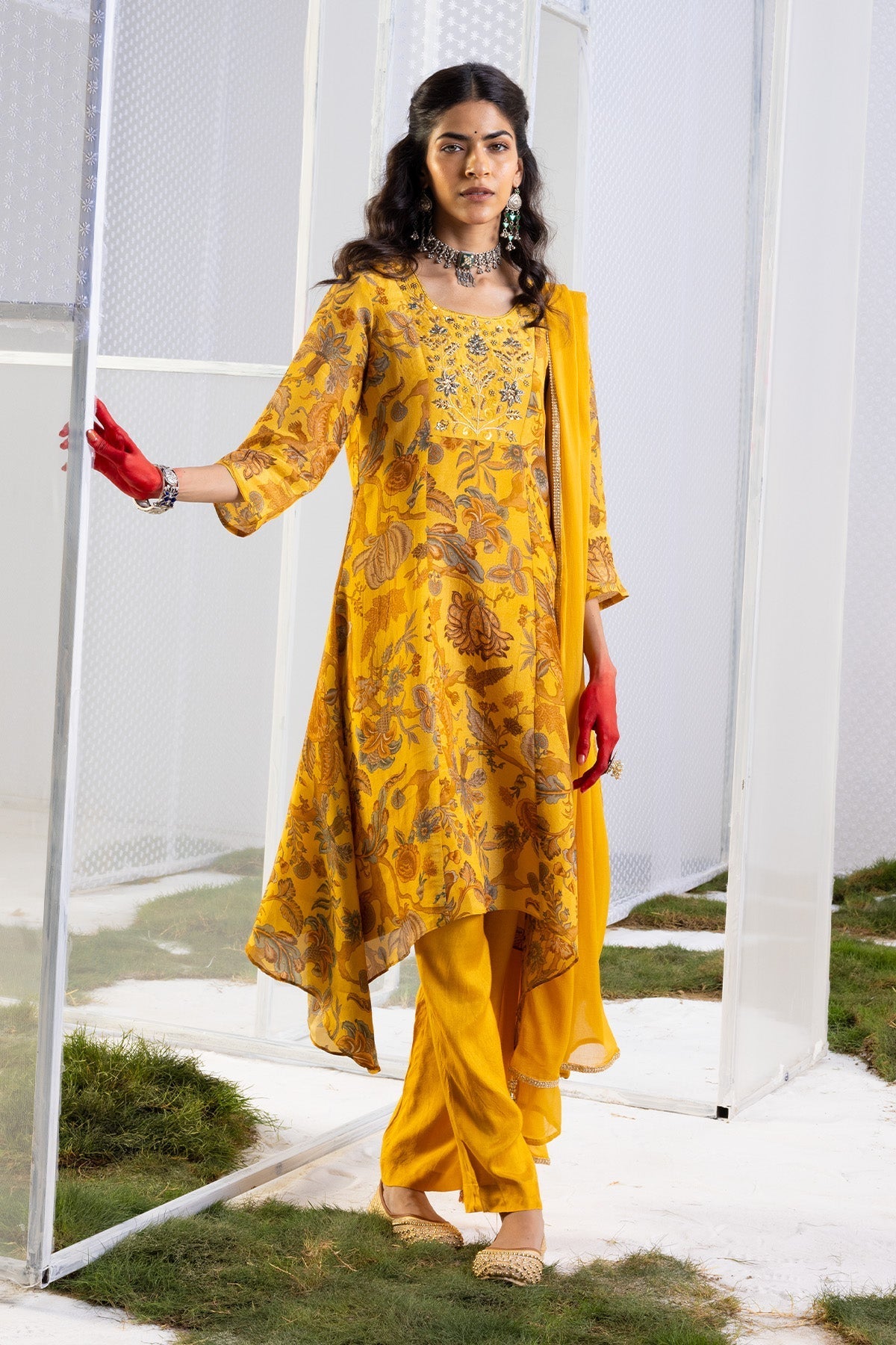 Mustard Floral Yoke-Embellished Kurta. 3 Pcs Set